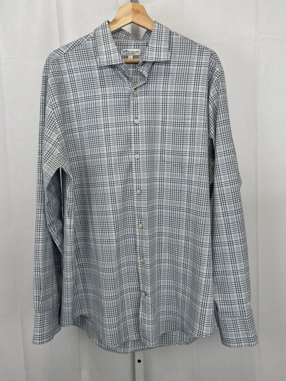 PETER MILLAR Summer Comfort Button Front Shirt Long Sleeve Plaid Blue White L